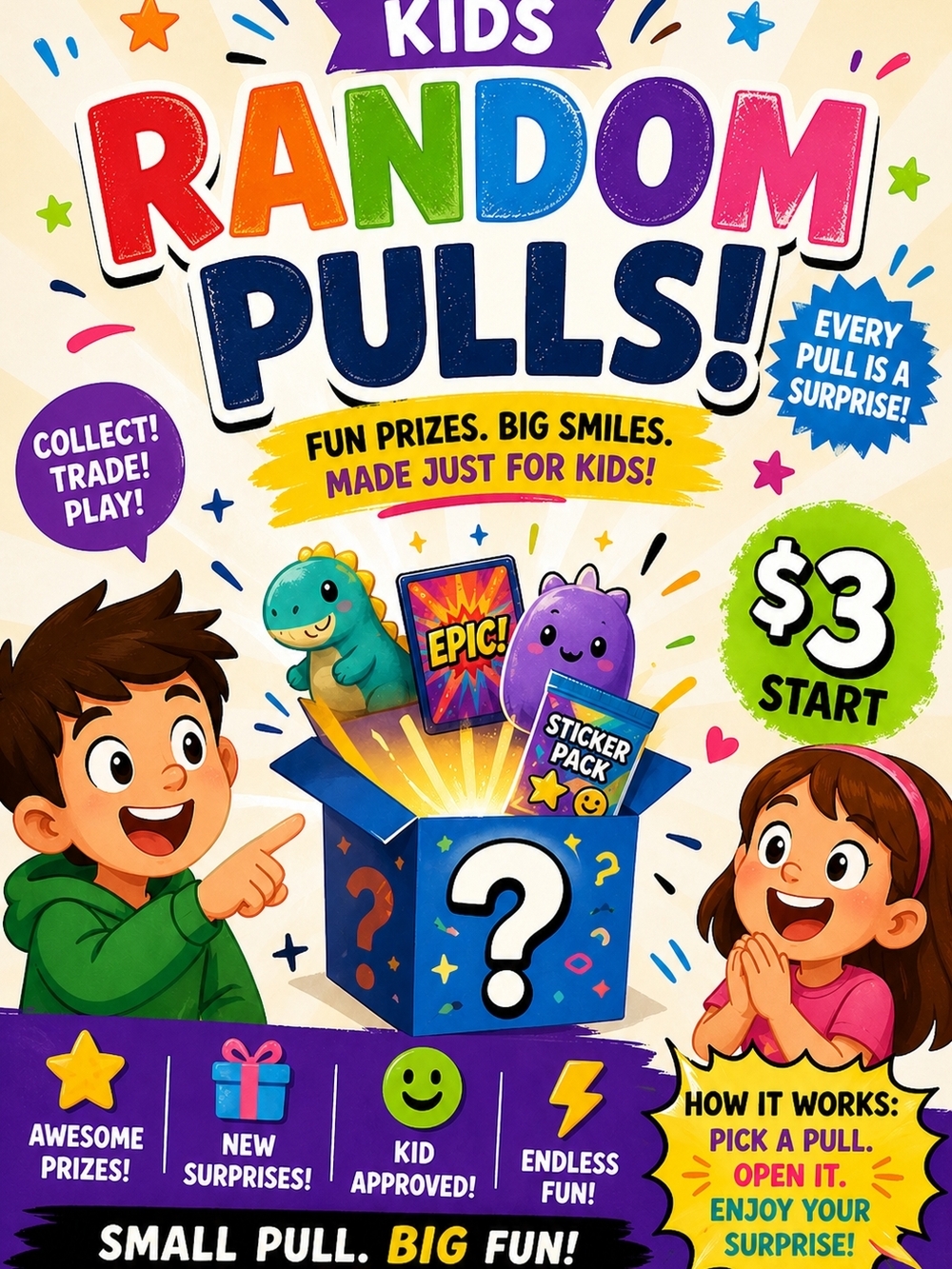 Kids Random Pulls! Surprise Sticker & Toy Pull Pack - Multicolor